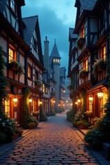 Cobblestone Alleyway Lined with Charming Old Buildings at Dusk