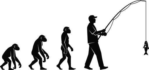 Silhouette sequence showing primate to human evolution ending with fisherman holding rod and fish, humorous evolution concept, black vector illustration design