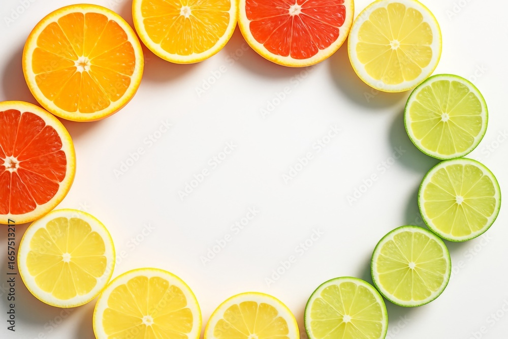 Poster citrus fruit slices arranged in a circular frame on white background with copyspace in the center, s