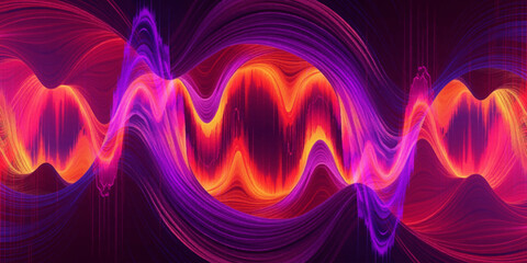 Abstract wave pattern with flowing lines in shades of red, purple, and orange, set against a dark background.