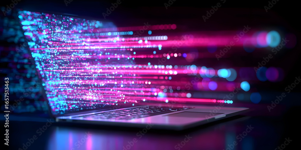 Poster laptop emitting vibrant data streams in a futuristic setting