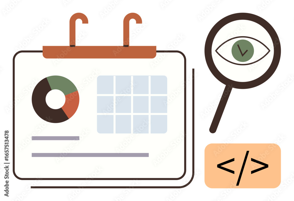 Poster calendar with pie chart and table, magnifying glass with eye, and coding brackets. ideal for data an
