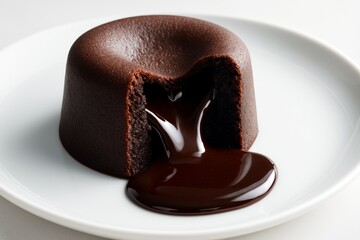 Obraz premium Delicious hot chocolate lava cake with rich melted center flowing onto white plate, captured against a clean light background in creative style. Ai generative