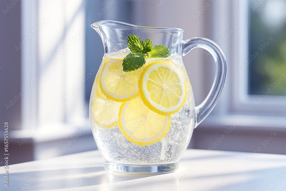 Poster refreshing lemonade with lemon slices and mint in a clear glass jug on a sunlit table with soft wind