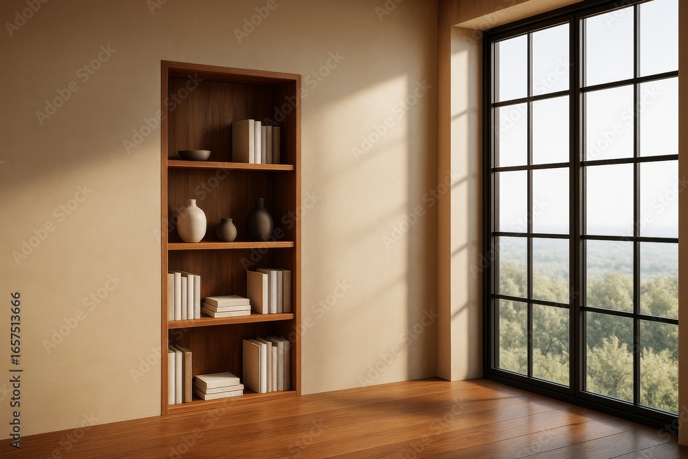 Poster minimalist wooden bookshelf with decorative vases and books near large window casting soft light on 