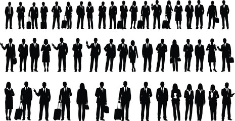 Silhouettes of business people in various poses with briefcases and luggage, corporate professionals, travel, teamwork, business concept, vector illustration design