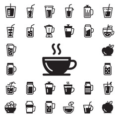 Collection of black and white beverage icons in a flat design style representing various drinks and containers