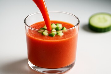 Fresh tomato gazpacho being poured into a glass topped with cucumber cubes on a light background, minimalistic food concept image. Ai generative