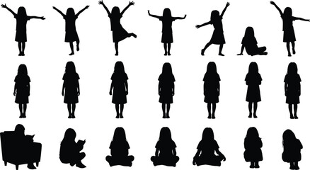Silhouettes of child in various standing and sitting poses, activity, movement, body language, lifestyle concept, education, vector illustration design