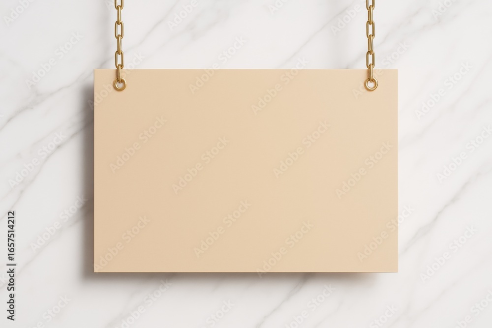 Poster hanging beige blank signboard with golden chains on marble wall background for design mockup and bra