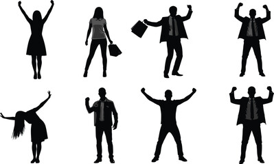 Silhouettes of diverse people in various poses, business and casual attire, expressive gestures, vector illustration, character design, human activity concept art