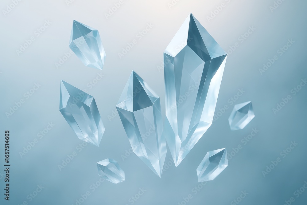 Aufkleber abstract floating crystal shards on light blue background with glowing highlights and soft atmospher
