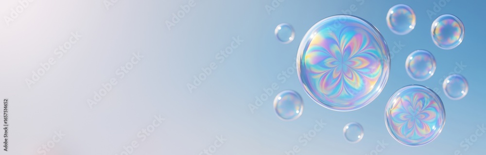 Poster colorful soap bubbles with floral reflections floating in the air on a clean blue background with co
