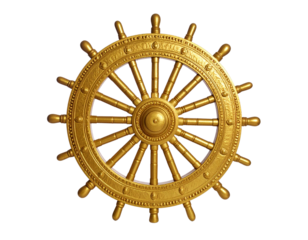 Angled Perspective of Ornate Dharmachakra Wheel, Emphasizing Depth