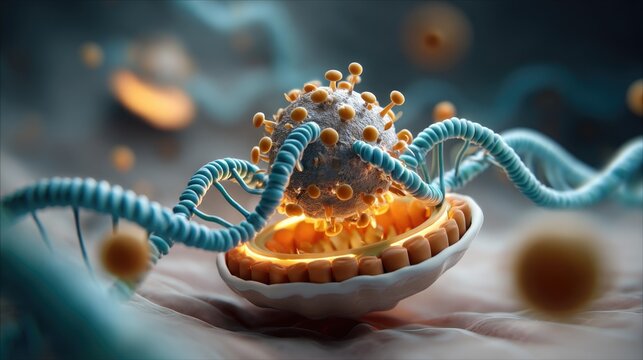 3D scientific scene showing a virus particle interacting with the DNA inside a host cell nucleus