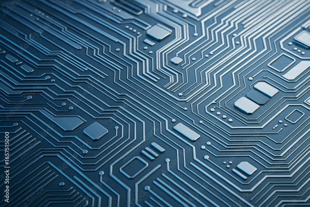 Poster abstract close-up of a futuristic circuit board surface with glowing lines and microchip elements in