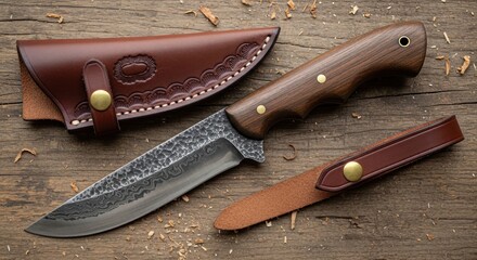 Hand-Forged Damascus Knife with Hammered Finish and Tooled Leather Sheath on Rustic Wood.