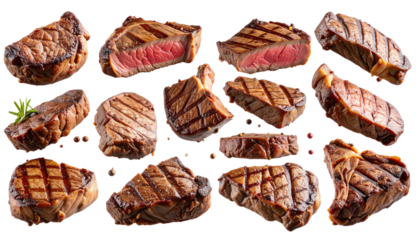 Beef steak set, realistic 3d steak falling in the air, rare grilled steak collection.