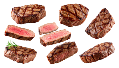 Beef steak set, realistic 3d steak falling in the air, rare grilled steak collection.