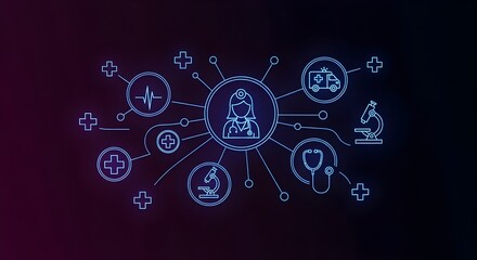 A glowing blue line art illustration features a central doctor icon surrounded and connected to various medical symbols like an ambulance, stethoscope, and heartbeat on a dark background.