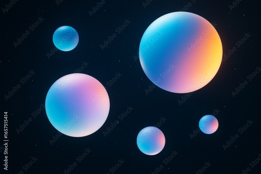 Poster abstract glowing spheres in colorful gradient light on dark starry background, futuristic cosmic con