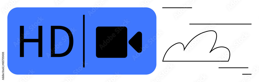Poster hd text and play button icon alongside a cloud with motion lines, symbolizing speed and cloud storag