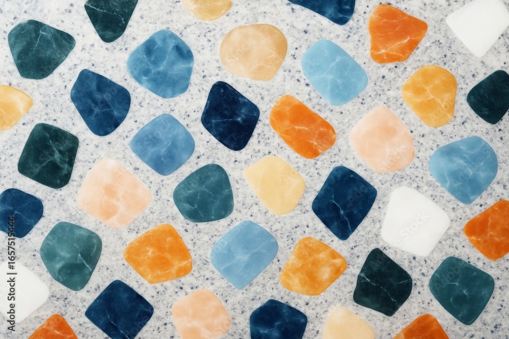 Poster abstract colorful pebble-like shapes on light speckled background forming a vibrant artistic pattern