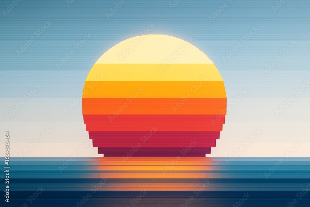 Poster abstract geometric sunset with layered color bands reflecting over calm ocean surface on blue gradie
