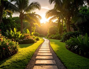 Obraz premium Sunlit path through tropical garden