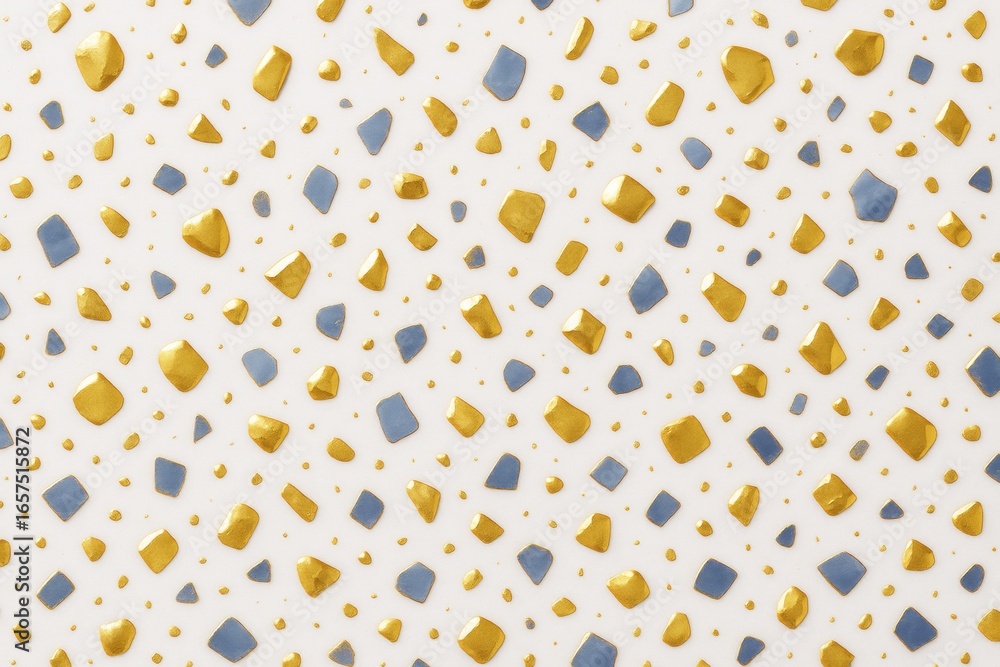 Poster abstract golden and blue pebble shapes scattered on a soft white surface with light shadows and high