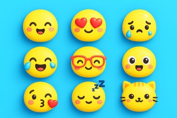 Cute yellow emoji set with various facial expressions and emotions in 3D cartoon style on vibrant blue background. Ai generative. Ai generative