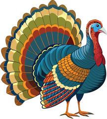 A colorful cartoon Thanksgiving turkey, a funny farm bird vector illustration with a cute tail and feathers