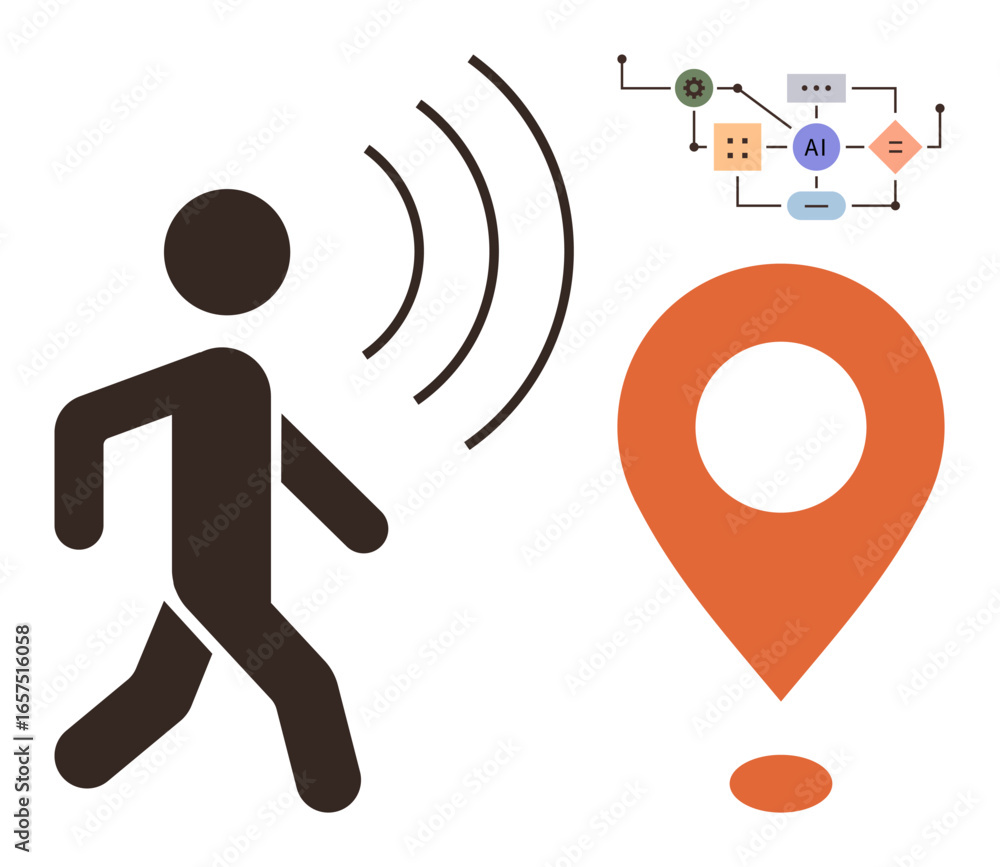 Poster walking figure near location marker, sound waves, flowchart with ai label. ideal for navigation, geo