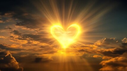 A radiant heart-shaped sun emerges from the clouds, casting golden rays across the sky, symbolizing love and warmth, perfect for inspirational themes and romantic imagery - Powered by Adobe