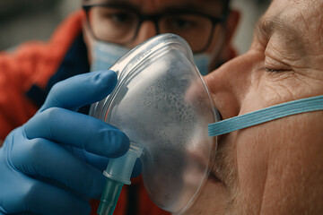 Close-up of a paramedic holding an oxygen mask over a patient’s face, highlighting emergency medical care and urgency.