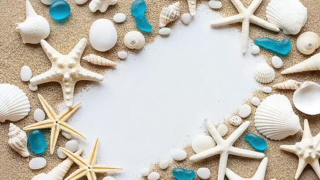 A decorative frame of seashells, starfish, pebbles, and blue glass on sand, creating a summer beach vacation border with copy space