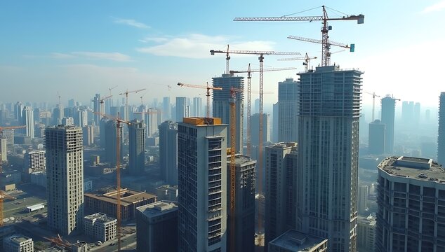 Daytime drone shot of under-construction real estate project with cranes, scaffolding, and half-built towers, urban development concept