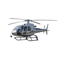 Silver private helicopter in flight, showing sleek design and rotor blades, isolated on a clean transparent background, representing air transport.