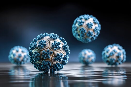 A high-resolution electron microscopy style visualization showing a diverse group of virus particles with various shapes--spherical, filamentous, icosahedral--scattered across a dark background