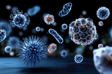 A high-resolution electron microscopy style visualization showing a diverse group of virus particles with various shapes--spherical, filamentous, icosahedral--scattered across a dark background