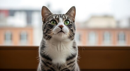 Curious tabby cat with bright green eyes looking upwards