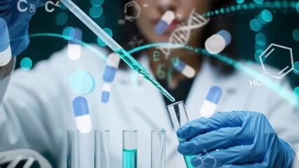 Scientist laboratory research test tube pipette blue liquid chemical experiment healthcare innovation technology and science concept with futuristic digital overlay, molecular analysis, discovery - Powered by Adobe