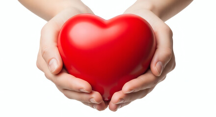 Symbol of Love and Care: Hands Gently Holding a Vibrant Red Heart, Compassion and Affection: A Heart Held in Tender Hands Against a White Backdrop