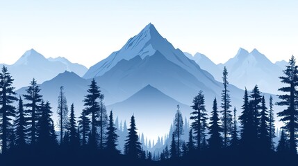 Silhouette of Pine Forest and Mountain Range in Blue Hues 