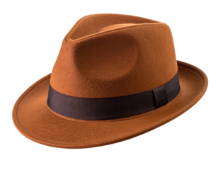  Brown Fedora Hat Tilted Side View with Shadow, Isolated on White Background