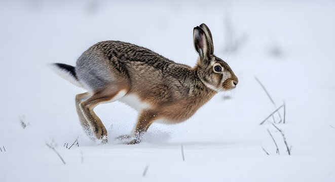 Fast Running Hare in Snowy Landscape, Captured Mid-Stride with Snowflakes and Winter Environment
