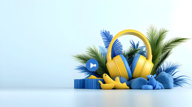 Yellow headphones surrounded by various chat icons isolated on a white background