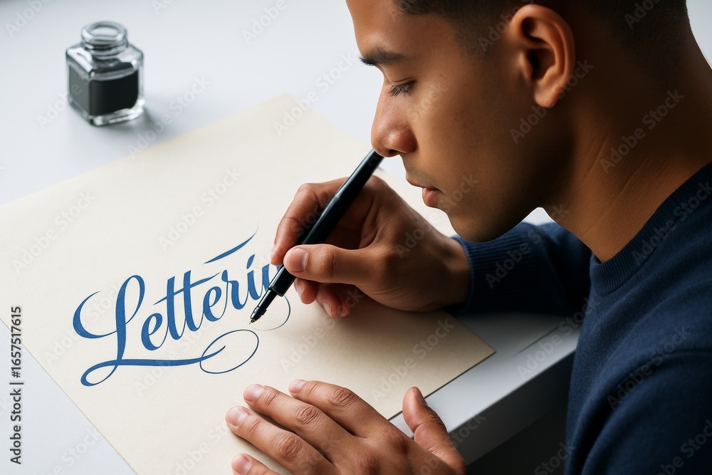 Poster young man practicing calligraphy lettering with black ink on paper as a creative hobby on a light ba
