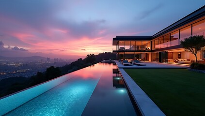 Sunset exterior view of suburban family house with garden, driveway, and cozy warm lighting, real estate advertisement style, no people