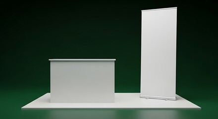 Sleek White Trade Show Booth with Counter and Roll-Up Banner on a Dark Emerald Stage.
